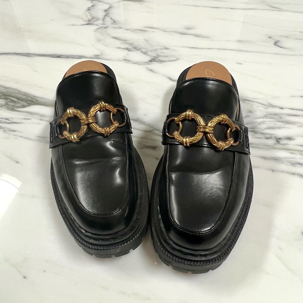 Circus by Sam Edelman Black Leather Loafers with Gold Chain Accent